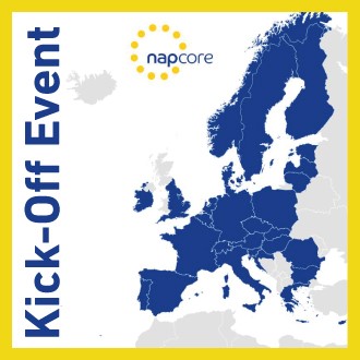 Logo von NAPCORE und eine Europakarte mit den Projektländern